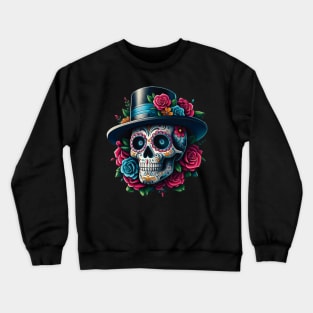 Sugar Skull Art - Top Hat and Pink Roses Crewneck Sweatshirt